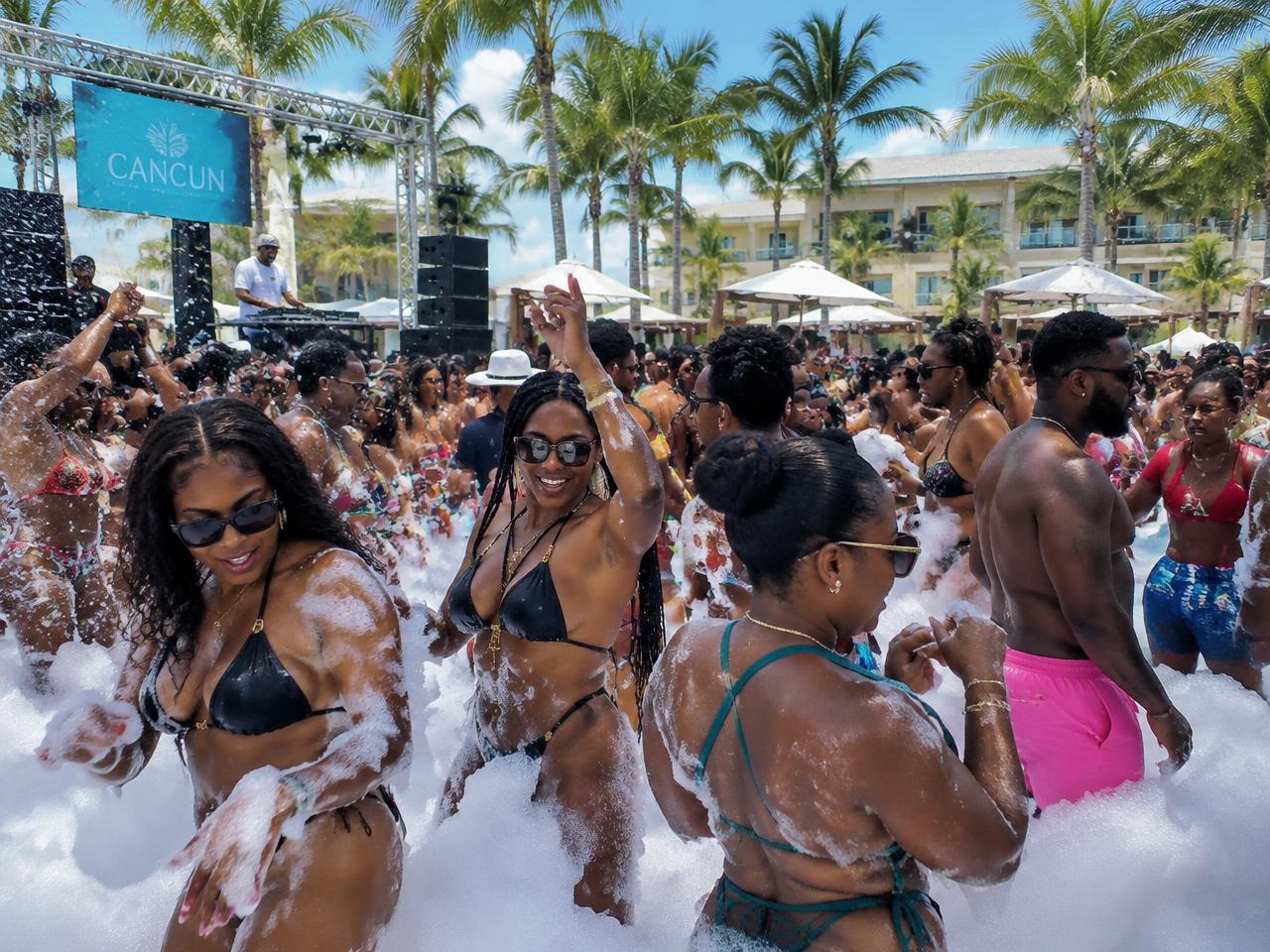 Co-ed foam pool party at a Cancun resort