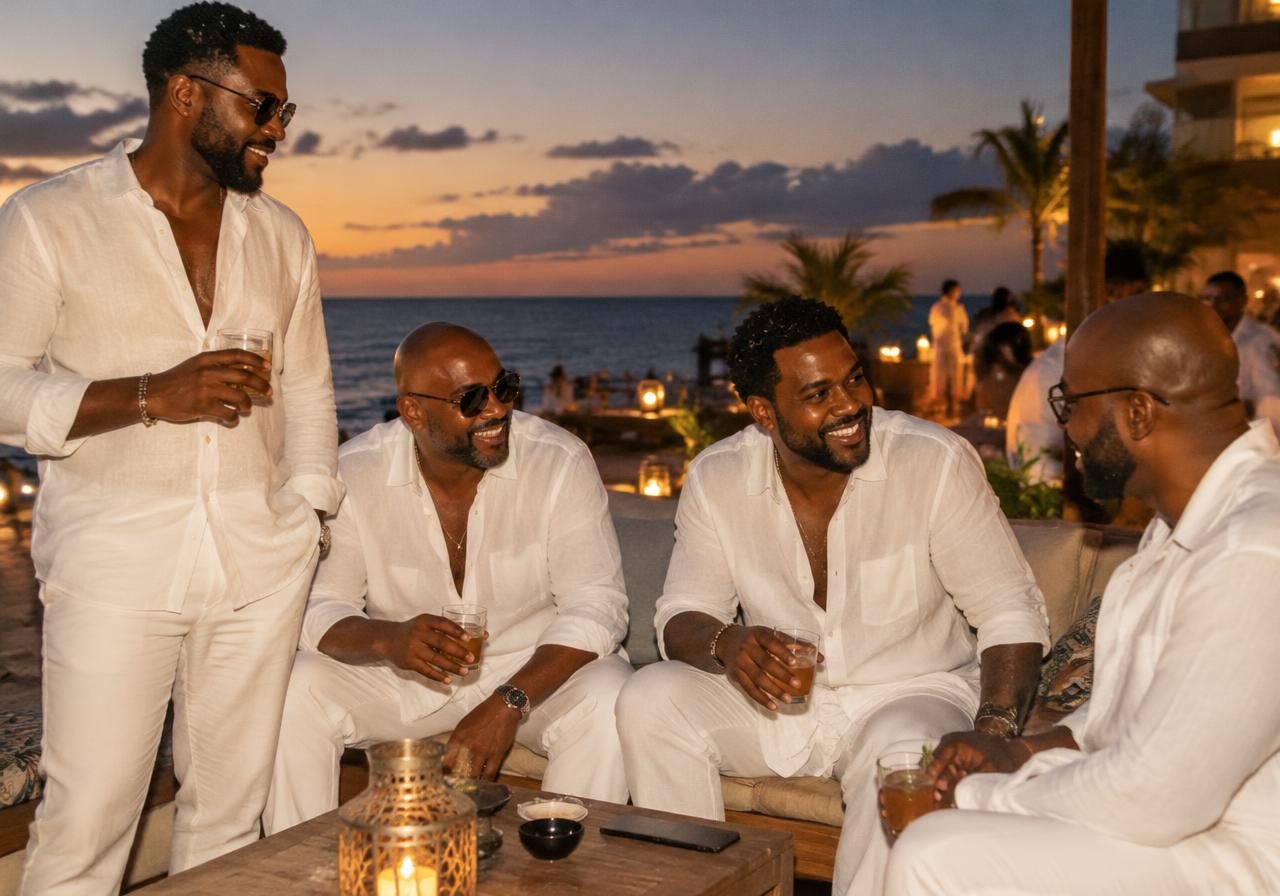 Men in all-white outfits at a beachfront resort terrace at dusk